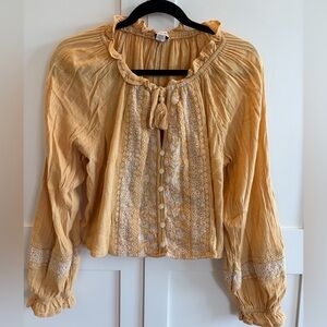 American Eagle Boho Embroidered Peasant Blouse Yellow Gold & White Size Medium